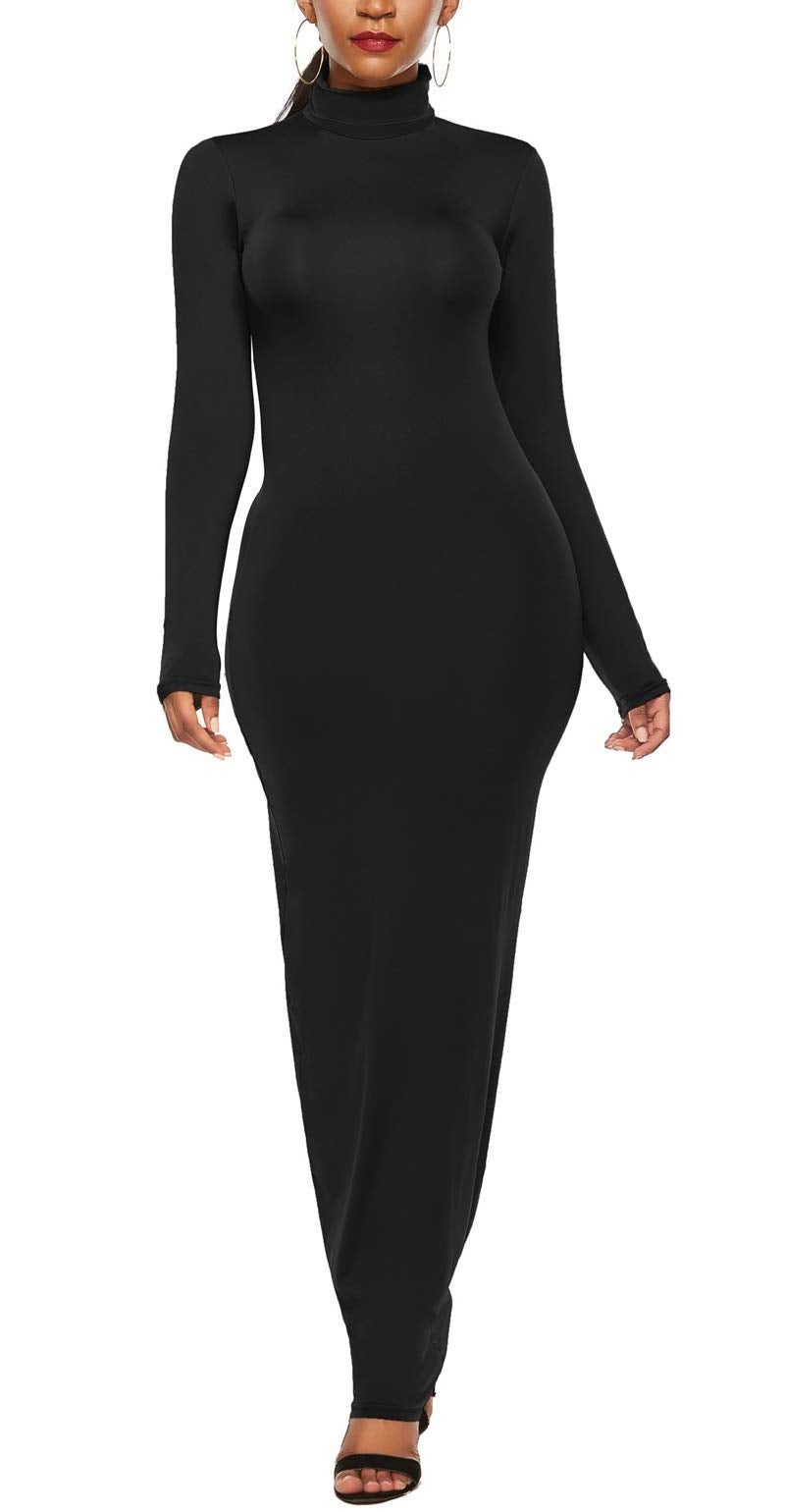 PRIMODA Women's Turtleneck Long Sleeve Bodycon Maxi Dress Casual Long Dress(L Black) - Image 3